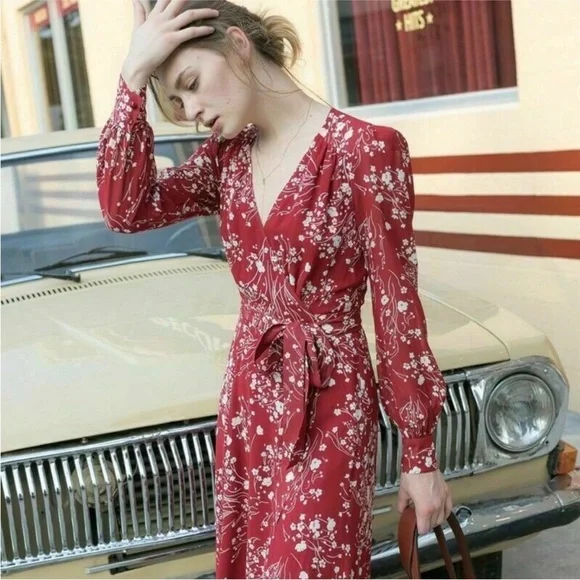 Reformation red floral wrap crepe midi dress WORN ON TV NEW - Picture 2 of 16